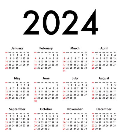 English Calendar grid bold digits for 2024. Best for calendar print, business, web design, office needs and presentations. Sundays first. Vector illustrationのイラスト素材