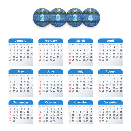 Blue English calendar for 2024 with circle cut jeans tags.Business, presentations, stationary, diary uses. Sundays first. Vector illustrationのイラスト素材