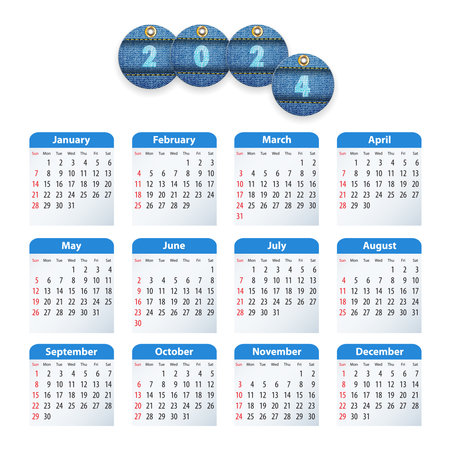 Blue English calendar for 2024 with circle cut jeans tags.Business, presentations, stationary, diary uses. Sundays first. Vector illustrationのイラスト素材