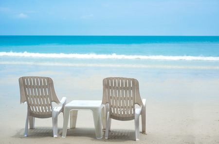 Beach chairs  and beautiful sand beach blue skyの写真素材