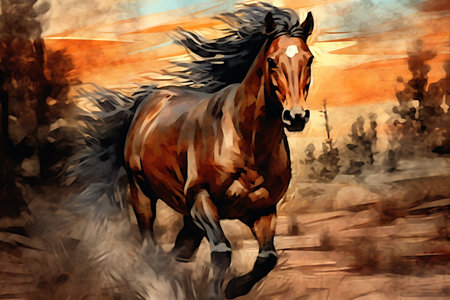 Horse running on the field at sunset. Digital art painting.の素材