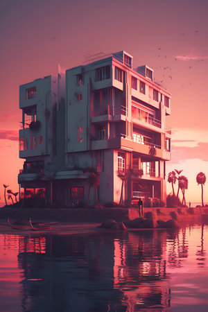 Modern apartment building on the beach at sunset, vintage toned.の素材