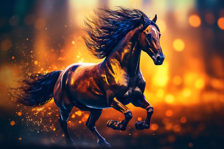 Horse with long mane in motion on a background of magic lightの素材