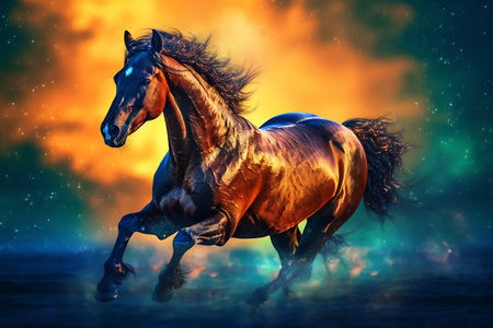 Fantasy horse galloping in fantasy space. 3D illustration.の素材