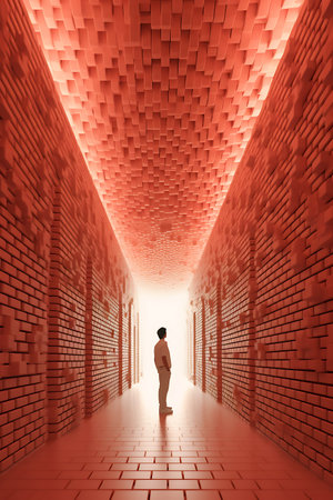 Conceptual image of businessman standing in corridor with red brick wallの素材