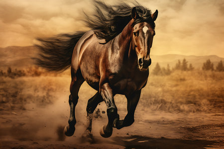 Beautiful bay horse galloping in the desert at sunset. Digital painting.の素材