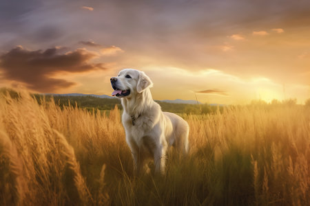 yellow labrador retriever dog in the field on sunset background.の素材