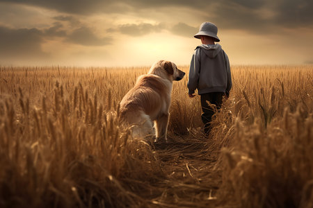 Little boy walking with golden retriever dog on wheat field at sunsetの素材