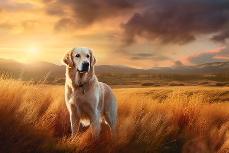 Golden retriever dog in the field at sunset. Beautiful landscape.の素材