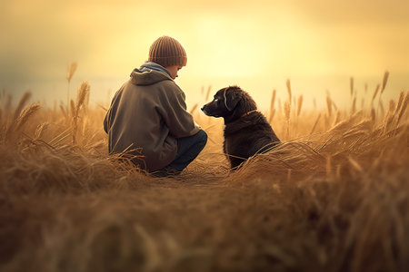 Little boy with his dog in wheat field at sunset. Concept of friendship between man and dog.の素材