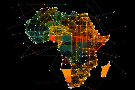 Map of Africa on a black background. Polygonal network connections.の素材