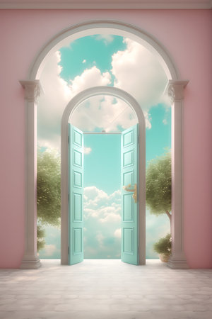 3d rendering of an open door in a pink room with blue skyの素材