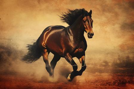 Horse galloping on grunge background, color toned image ai generatedの素材