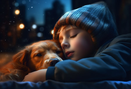 Cute little boy with his dog in the bed at night ai generatedの素材