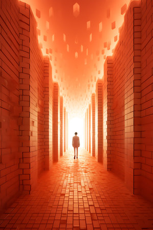 Man walking through a tunnel of red bricks with light at the end ai generatedの素材