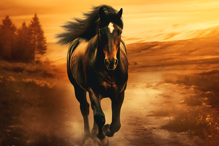 Beautiful horse in the field at sunset. 3d rendering ai generatedの素材