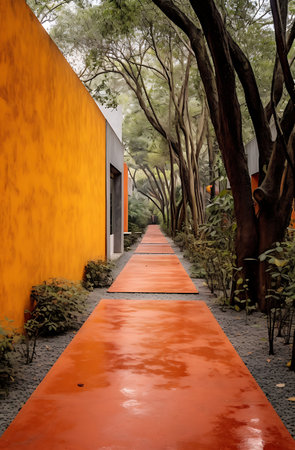 Red walkway and orange wall in garden, with trees in background ai generatedの素材