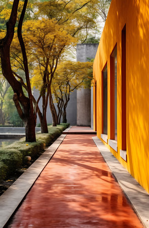 Walkway in the park with orange wall and tree on background ai generatedの素材
