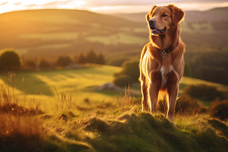 Golden retriever dog standing on the hillside at sunset in countryside ai generatedの素材
