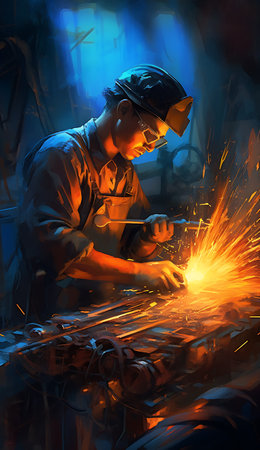 Worker in protective clothing is welding metal with electric arc welding machine ai generatedの素材