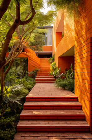 staircase in the garden with orange brick wall and green trees ai generatedの素材