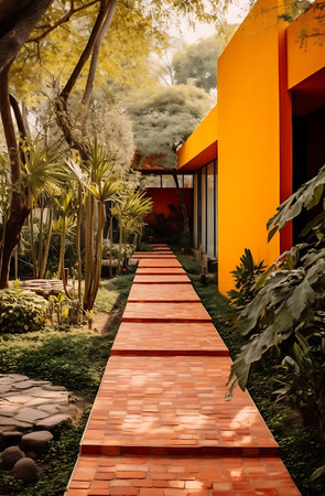 Walkway in the garden with orange wall and green nature background ai generativeの素材