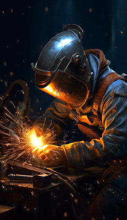 welder in protective clothing welding metal with sparks on dark blue background ai generatedの素材
