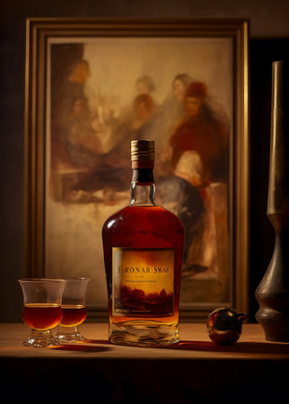 Still life with a bottle of Scotch whisky and a picture in the background ai generatedの素材