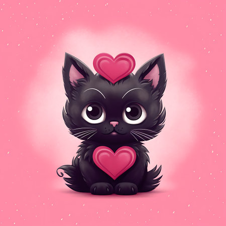 Cute black kitten with heart on pink background ai generatedの素材