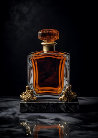 Bottle of brandy on a black background with a golden pattern ai generatedの素材