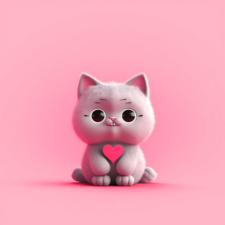 Cute cat with heart on pink background ai generatedの素材