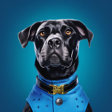 Portrait of a black Labrador Retriever dog wearing a blue suit ai generatedの素材