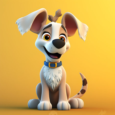 Cartoon dog with a collar on a yellow background ai generatedの素材