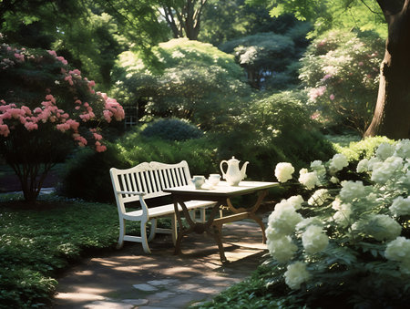 Beautiful garden with bench and table in the morning light, stock photo ai generatedの素材