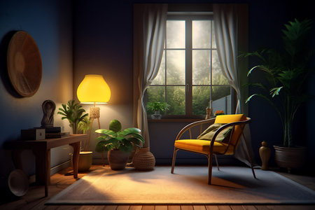 Interior of living room with yellow armchair and plants ai generatedの素材