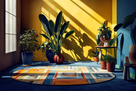 Interior of modern living room with yellow and blue walls, concrete floor, green plants in pots and window with sunlight ai generatedの素材