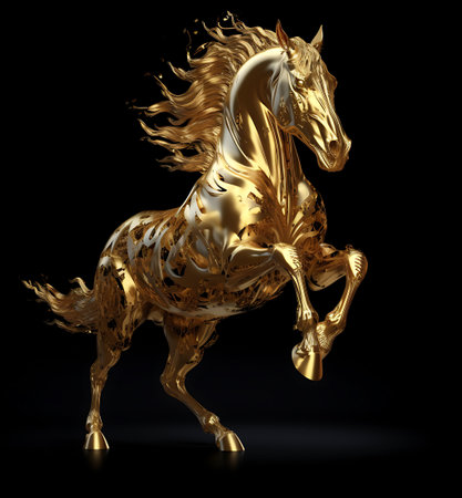 Golden horse isolated on black background ai generatedの素材