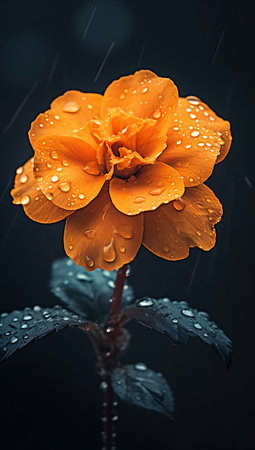 Beautiful orange flower with raindrops on a dark background close up ai generatedの素材