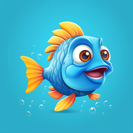 Cute cartoon blue fish character on blue background ai generativeの素材