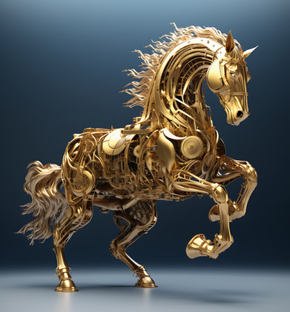 Golden horse on a dark blue background, 3d render illustration ai generativeの素材