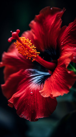Close up of red hibiscus flower with water droplets ai generativeの素材