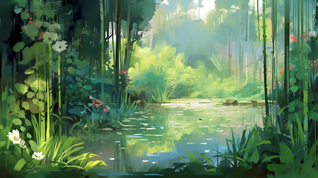Landscape with a river, trees and flowers ai generatedの素材