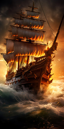 Pirate ship in the sea at sunset ai generatedの素材