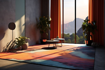 Interior of modern living room with orange curtains, 3d render ai generatedの素材