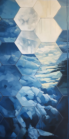 Abstract background with blue sky and clouds in hexagon shape ai generatedの素材