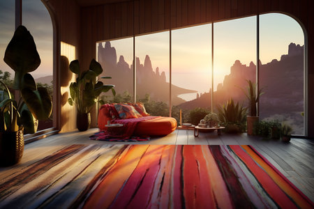 Interior of a modern bedroom with a large window overlooking the mountains ai generatedの素材