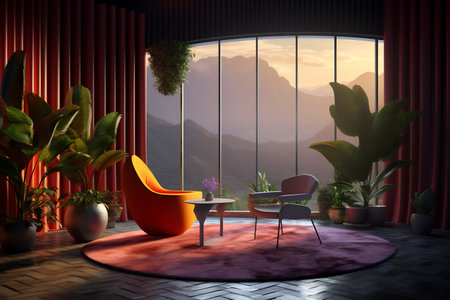 Interior of modern living room with panoramic window, orange armchair and potted plants ai generatedの素材