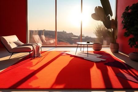 Interior design of living room with red carpet, coffee table and chair ai generatedの素材