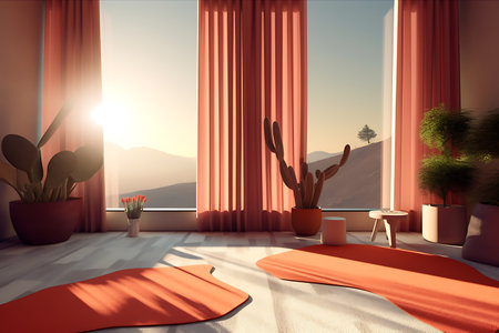 Interior of a room with red curtains and a view of the mountains ai generatedの素材