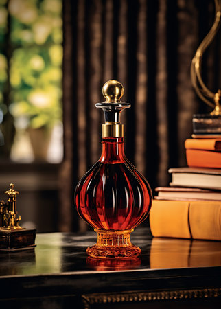 Old fashioned perfume bottle on a table with books and a window background ai generatedの素材